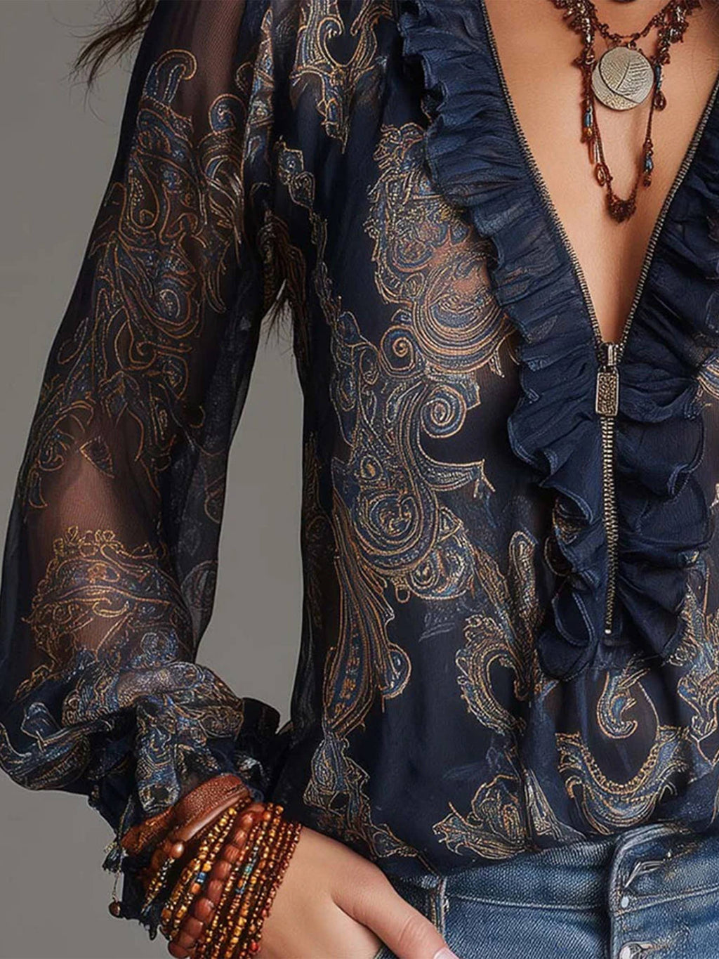 Deep V Neck Paisley Ruffled Chiffon Blouse Top: Navy Blue / XS