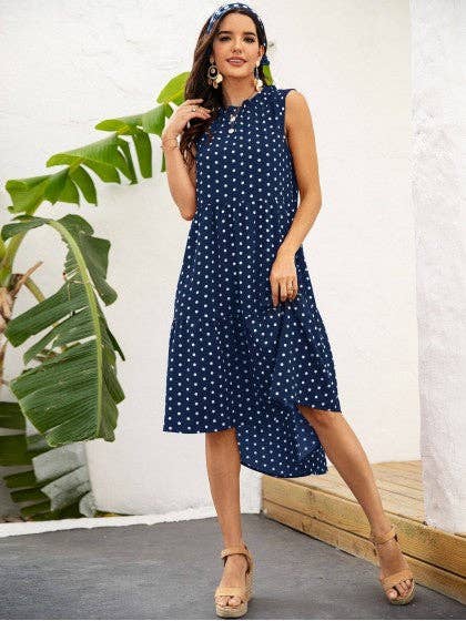 POLKA DOT RUFFLE HEM MIDI DRESS: Blue / S