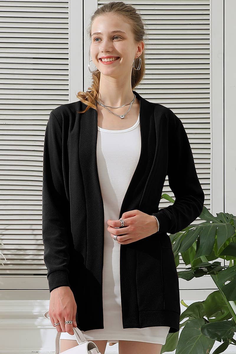 CWOCAL532_LONG SLEEVE SHORT ROVE CARDIGAN WITH POCKETS: BLACKWHITEPLAID / (S) 1