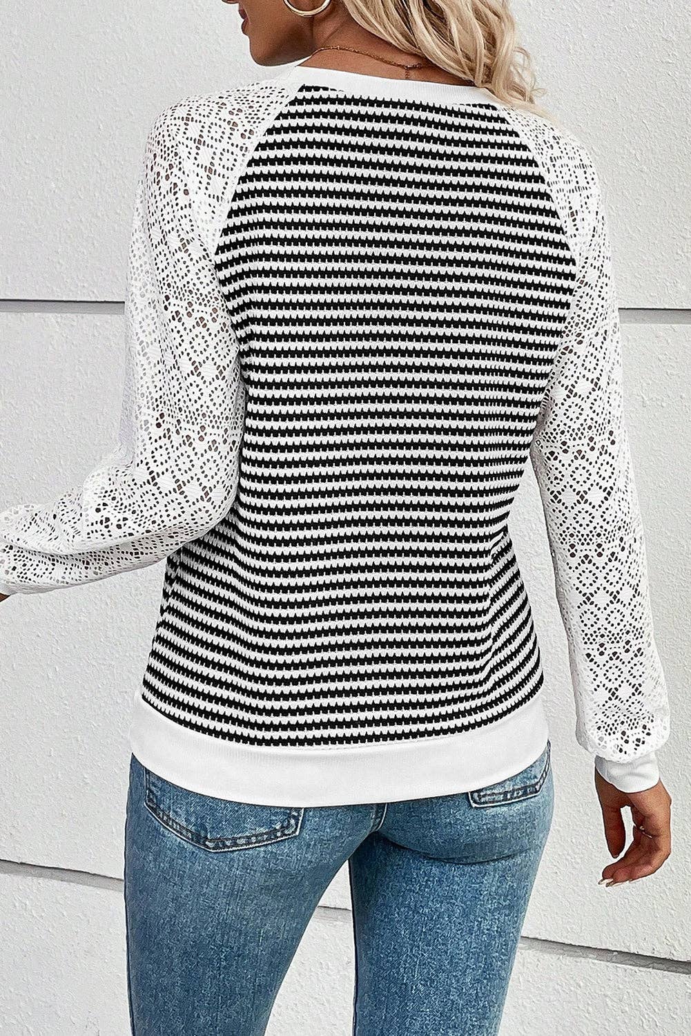 Black Stripe Textured Knit Contrast Hollowed Lace Patchwork Long Sleeve Top: Black Stripe / 97%Polyester+3%Elastane / S