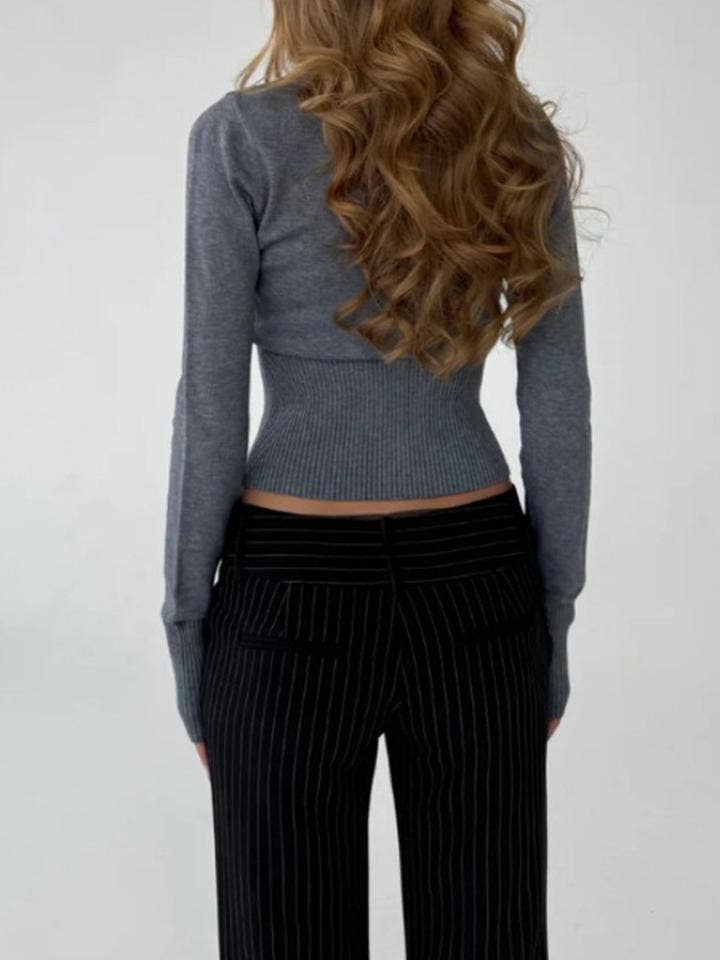 Ribbed Long Sleeve Button Front Cropped Cardigan: Gray / S
