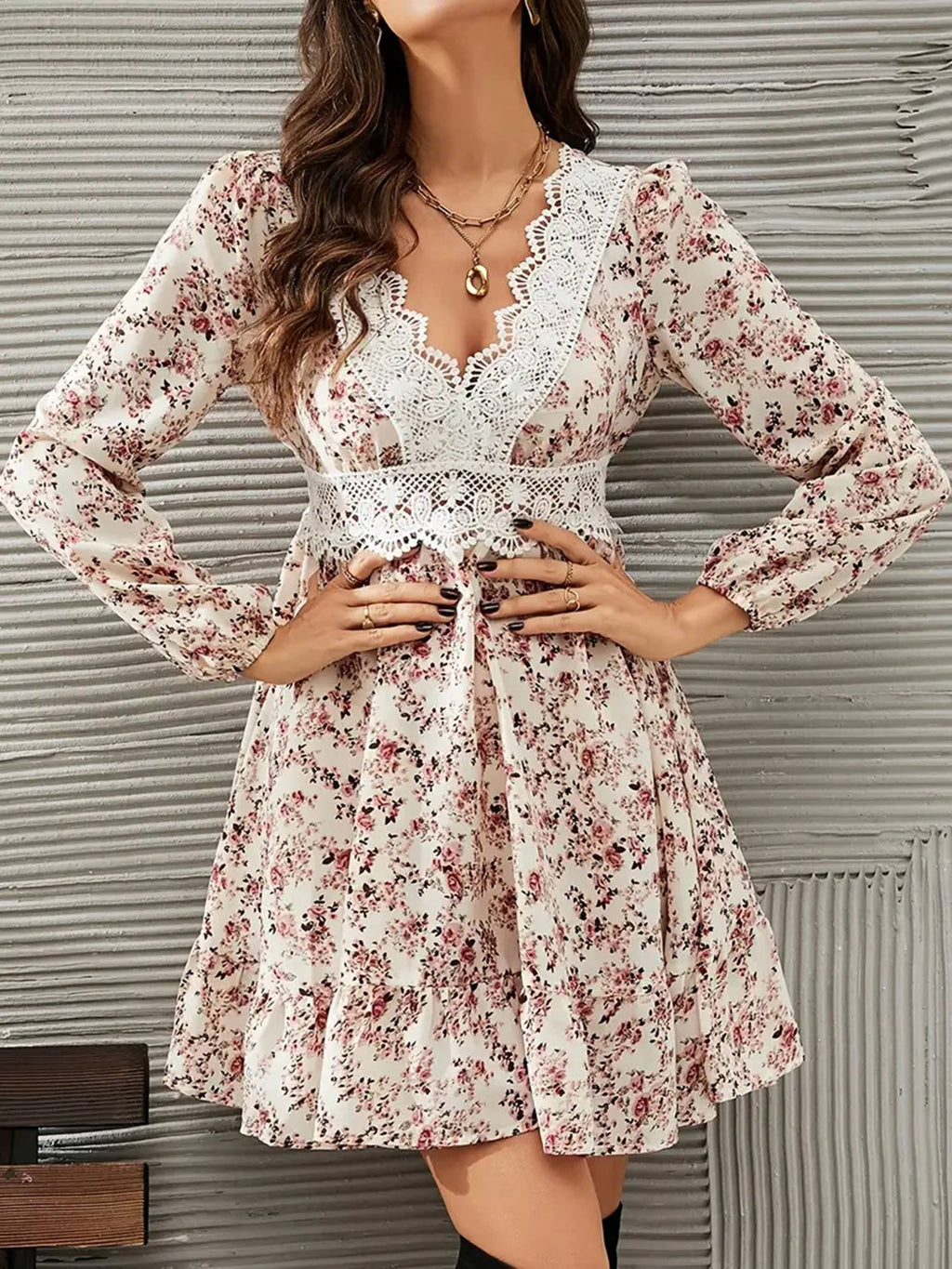 Collared Printed Long Sleeve Tie Waist Slit Dress: Black / XL