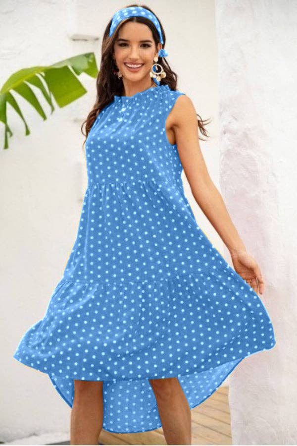 POLKA DOT RUFFLE HEM MIDI DRESS: Blue / S