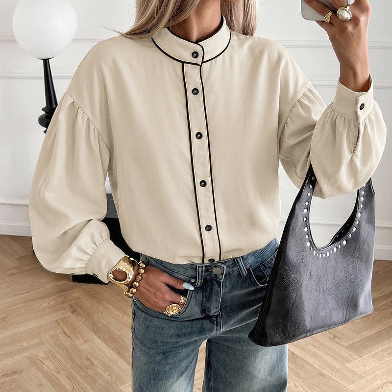 Women's Balloon Sleeve Contrast Trim Button Down Blouse: Beige / 97% Polyester+3% Elastane / S