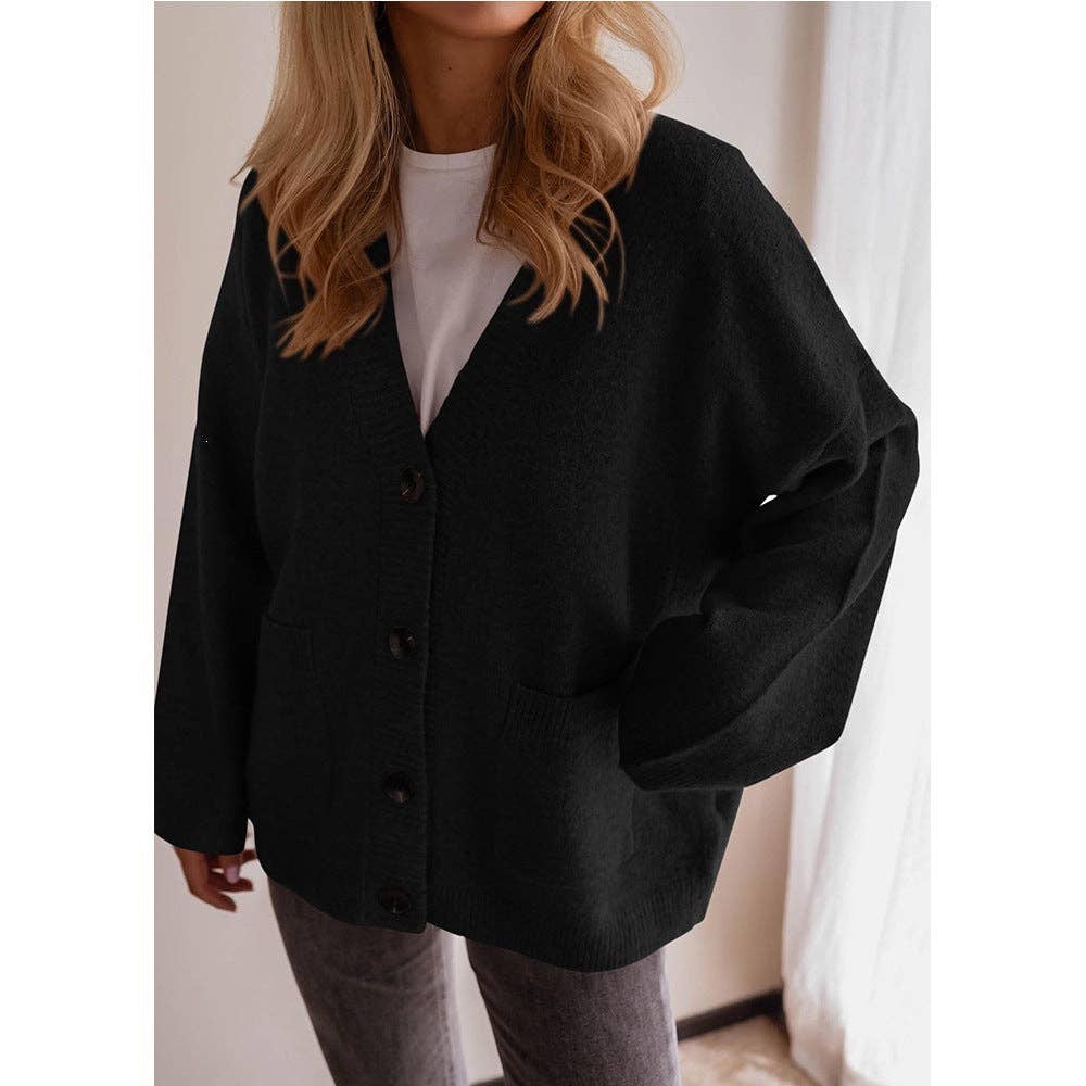 Oversized Button Front Pocket Knit Cardigan: Blue / 65%Polyester+30%Viscose+5%Elastane / S