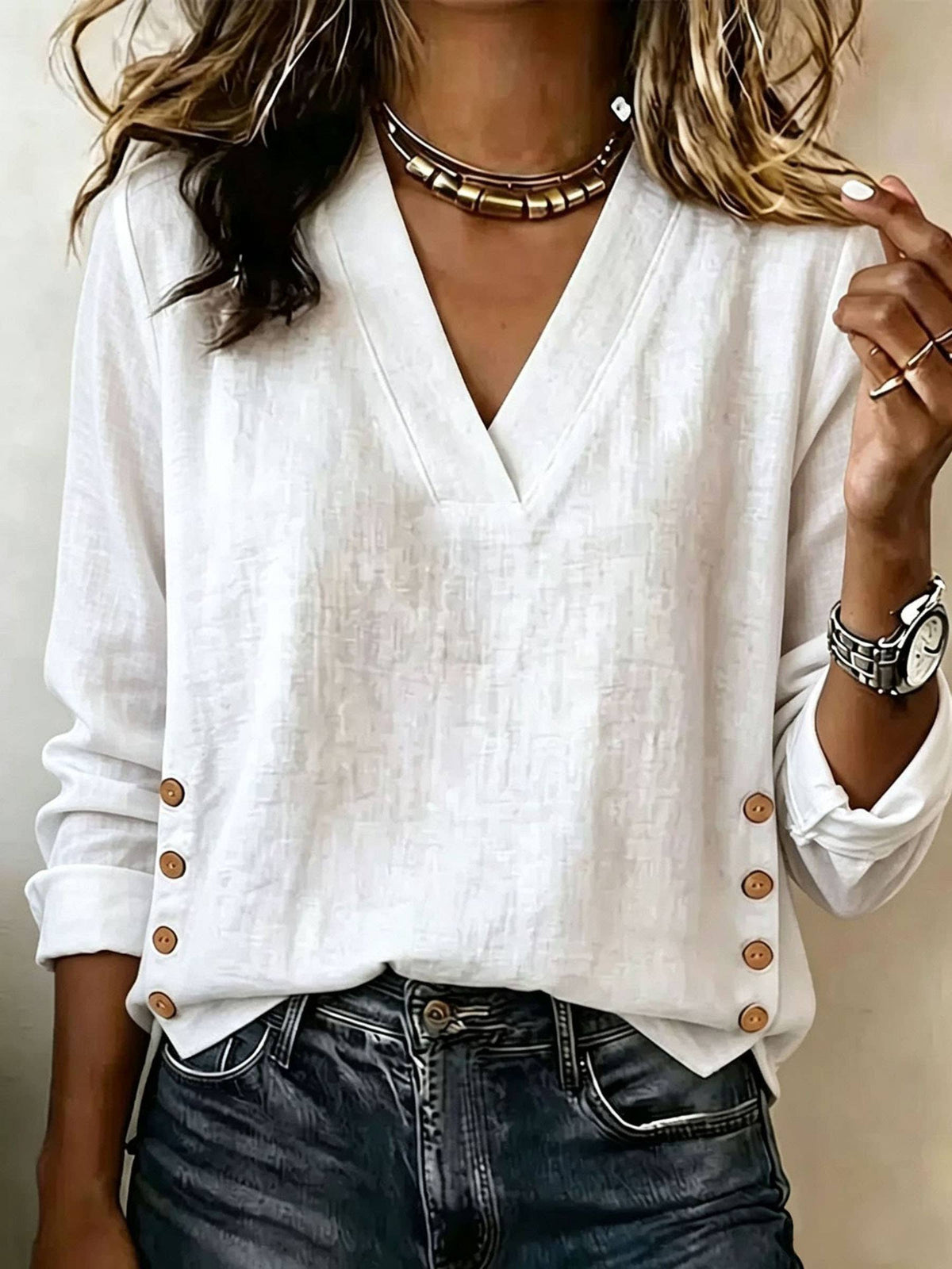 Women V Neck Cotton Linen Top Long Sleeve Side Button Top: Pink / XL