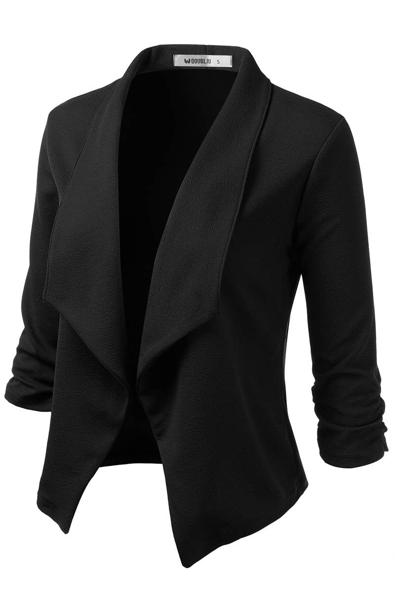 CWOBL091_Casual Work Ruched 3/4 Slv Open Front Blazer Jacket: MOCHA / (S) 1