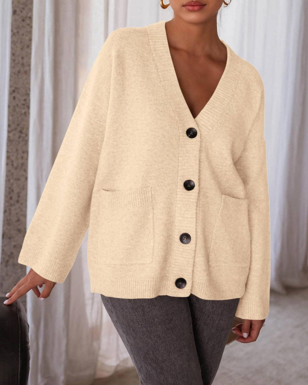 Oversized Button Front Pocket Knit Cardigan: Blue / 65%Polyester+30%Viscose+5%Elastane / S