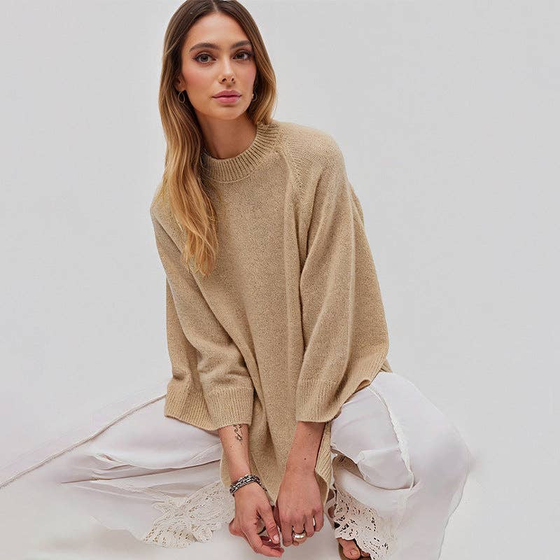 Oversized Crew Neck Knit Sweater Casual Loose Pullover Top: Apricot / 100%Polyester / S