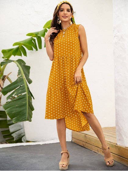 POLKA DOT RUFFLE HEM MIDI DRESS: Blue / S