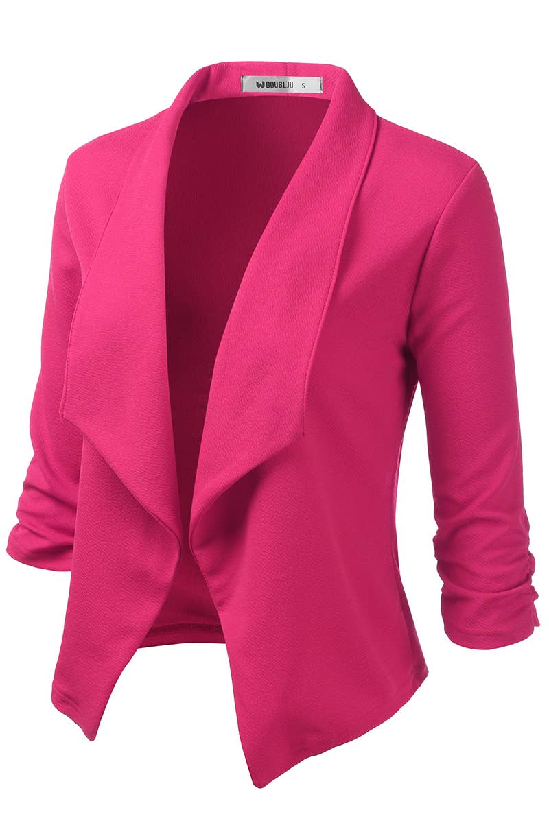 CWOBL091_Casual Work Ruched 3/4 Slv Open Front Blazer Jacket: MOCHA / (L) 1