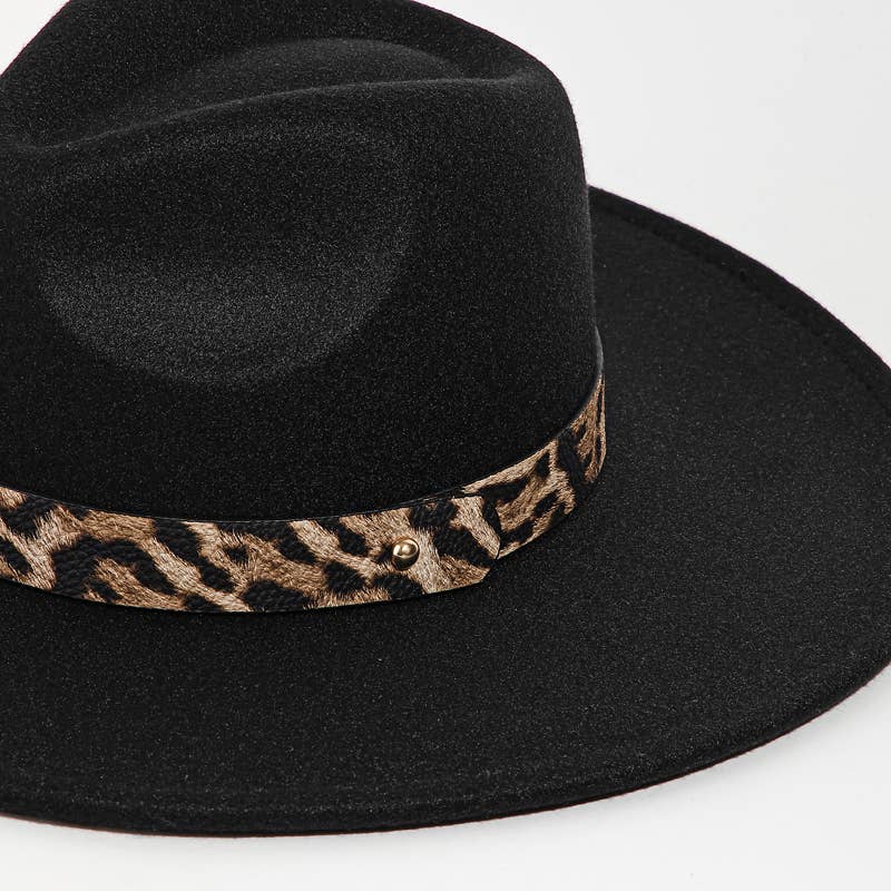 Leopard Strap Flat Brim Fedora Hat: BE
