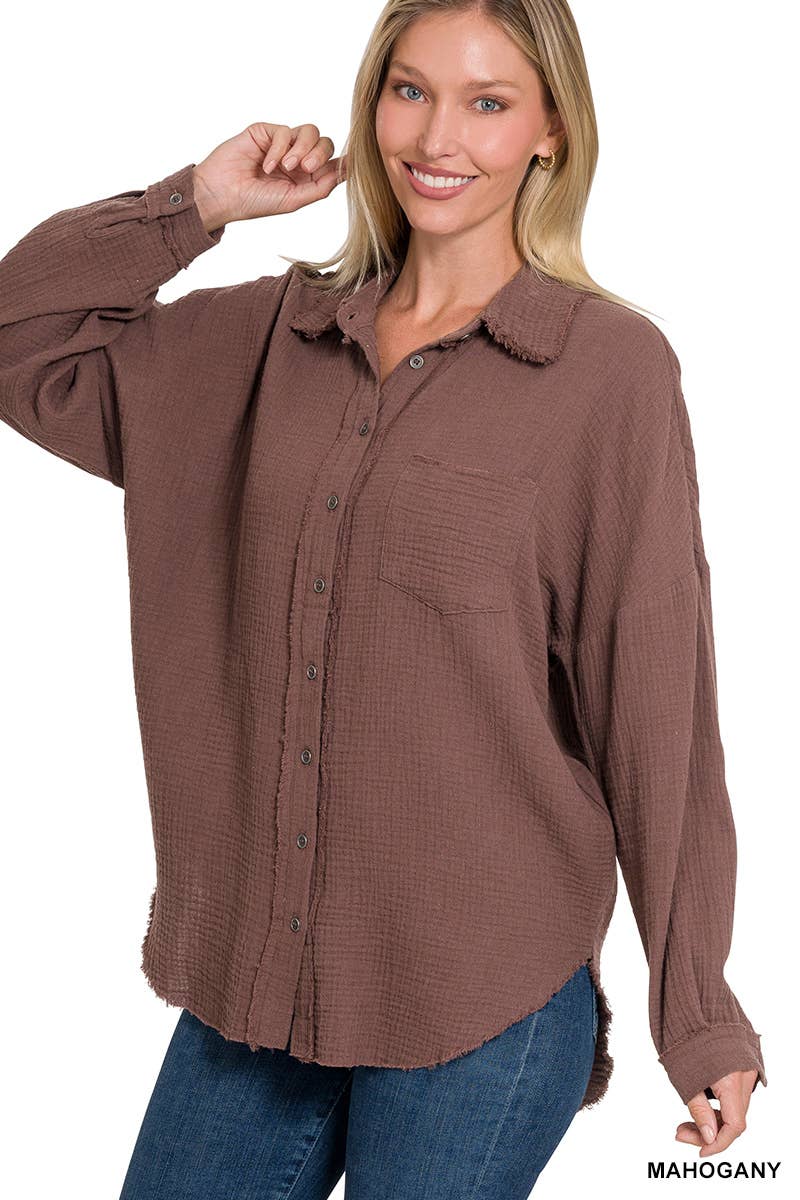 `Oversized Raw Edge Shirt W/ Back Patch Zenana: IVORY-147600 / XL