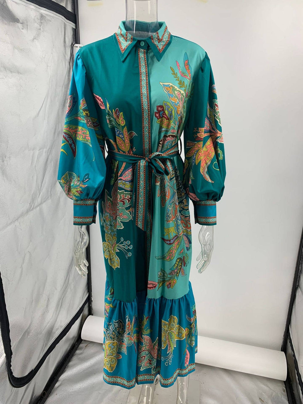 VINTAGE PRINT DRESS WITH LAPEL LANTERN SLEEVES: PEACOCKGREEN / (L) 1