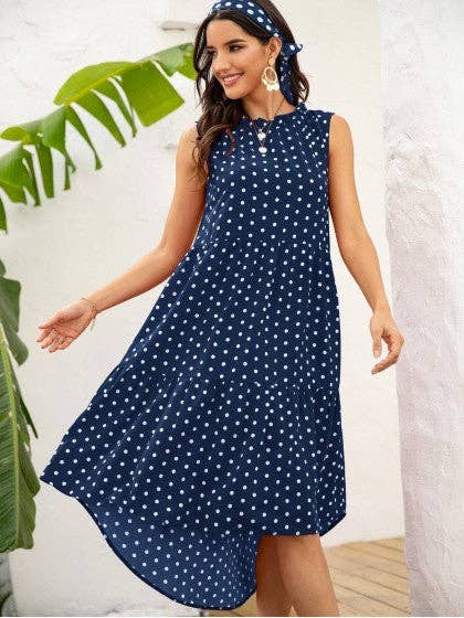POLKA DOT RUFFLE HEM MIDI DRESS: Blue / S