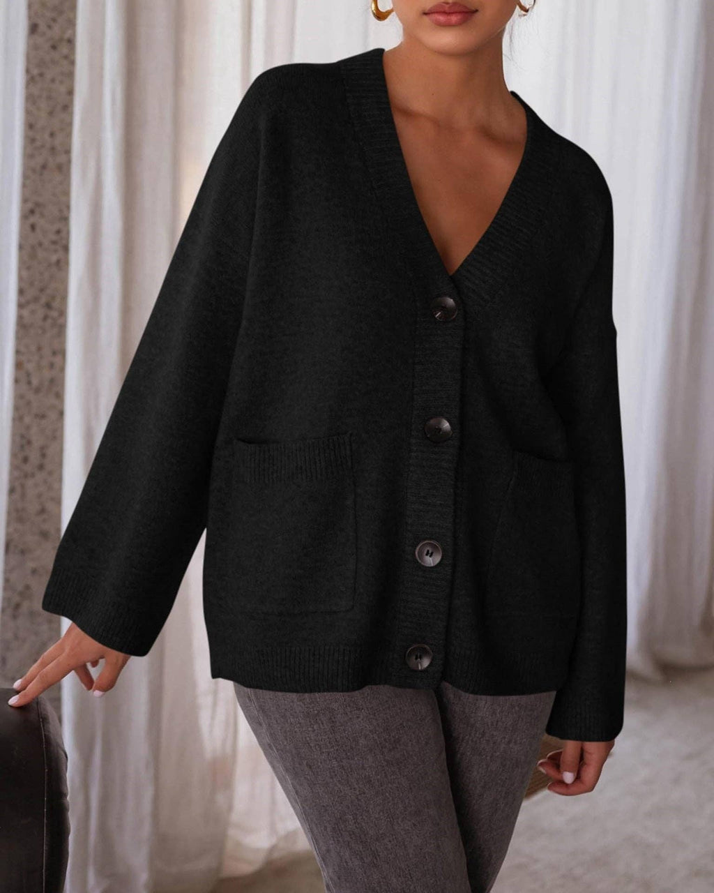Oversized Button Front Pocket Knit Cardigan: Blue / 65%Polyester+30%Viscose+5%Elastane / S