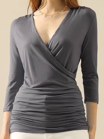 3/4 Sleeve Tank Tops Deep V-Neck Surplice Wrap: GREY / (S) 1