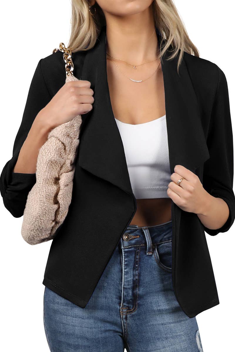 CWOBL091_Casual Work Ruched 3/4 Slv Open Front Blazer Jacket: STONE / (L) 1