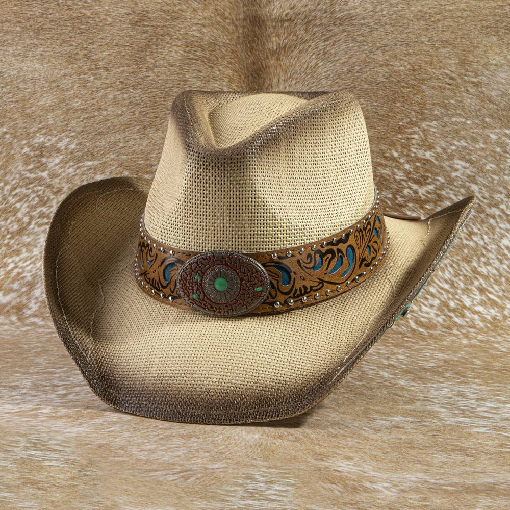 Studded Tooled Band Western Cowboy Hat: BK
