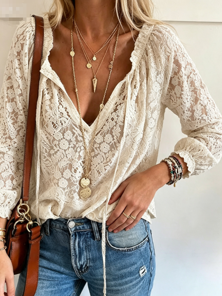 V‑Neck Lace Blouse, Loose Long Sleeve Bohemian Lace Top: Beige / L