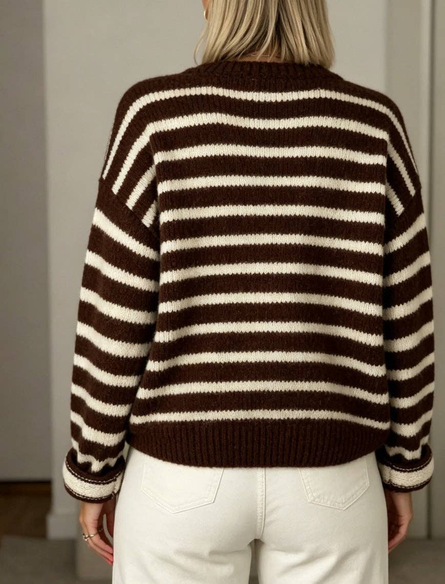 Striped Button Front Oversized Knit Cardigan: Red / 65%Polyester+30%Viscose   +5%Elastane / S