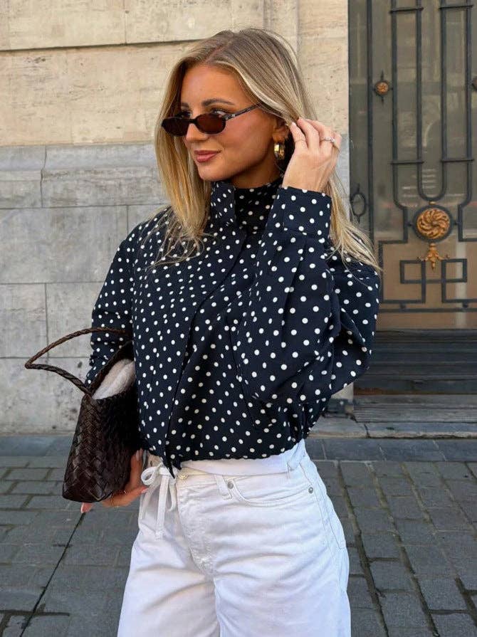 Polka Dot Woven Jacket Trendy Zip Up Stand Collar: White / 100%Polyester / S