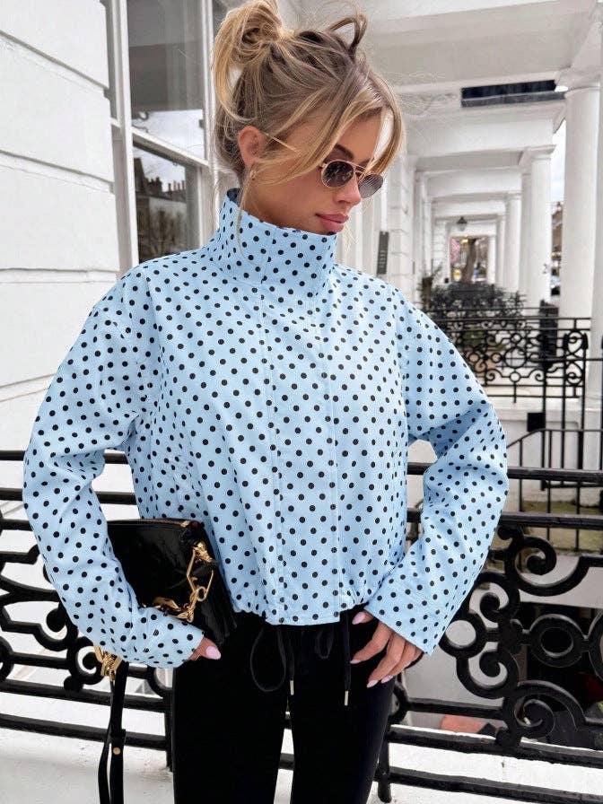 Polka Dot Woven Jacket Trendy Zip Up Stand Collar: White / 100%Polyester / S