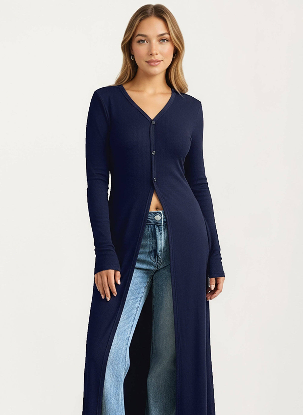 Long Sleeve Maxi Cardigan with Button Front and Deep Side Sl: Black / Small 4-6