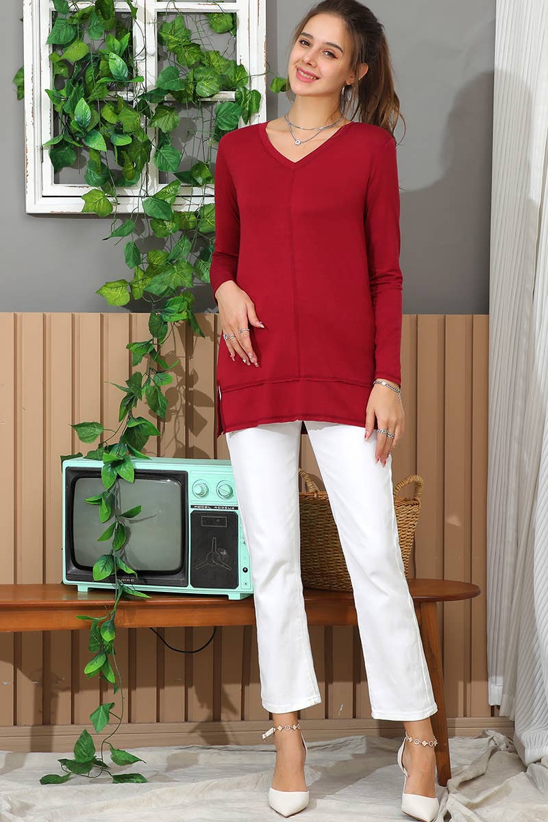 CWTTL1473_Casual V-Neck Loose Fit Long Sleeve Tops: NAVY / (XL) 1