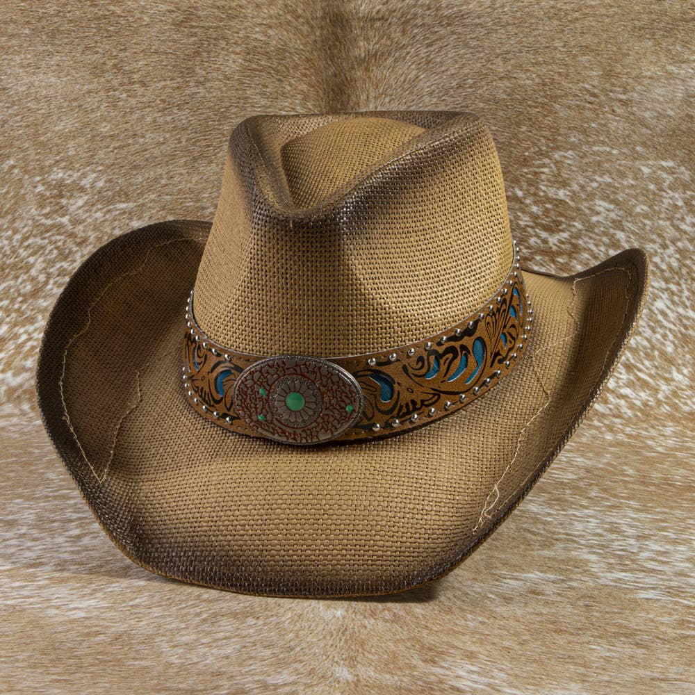 Studded Tooled Band Western Cowboy Hat: BK
