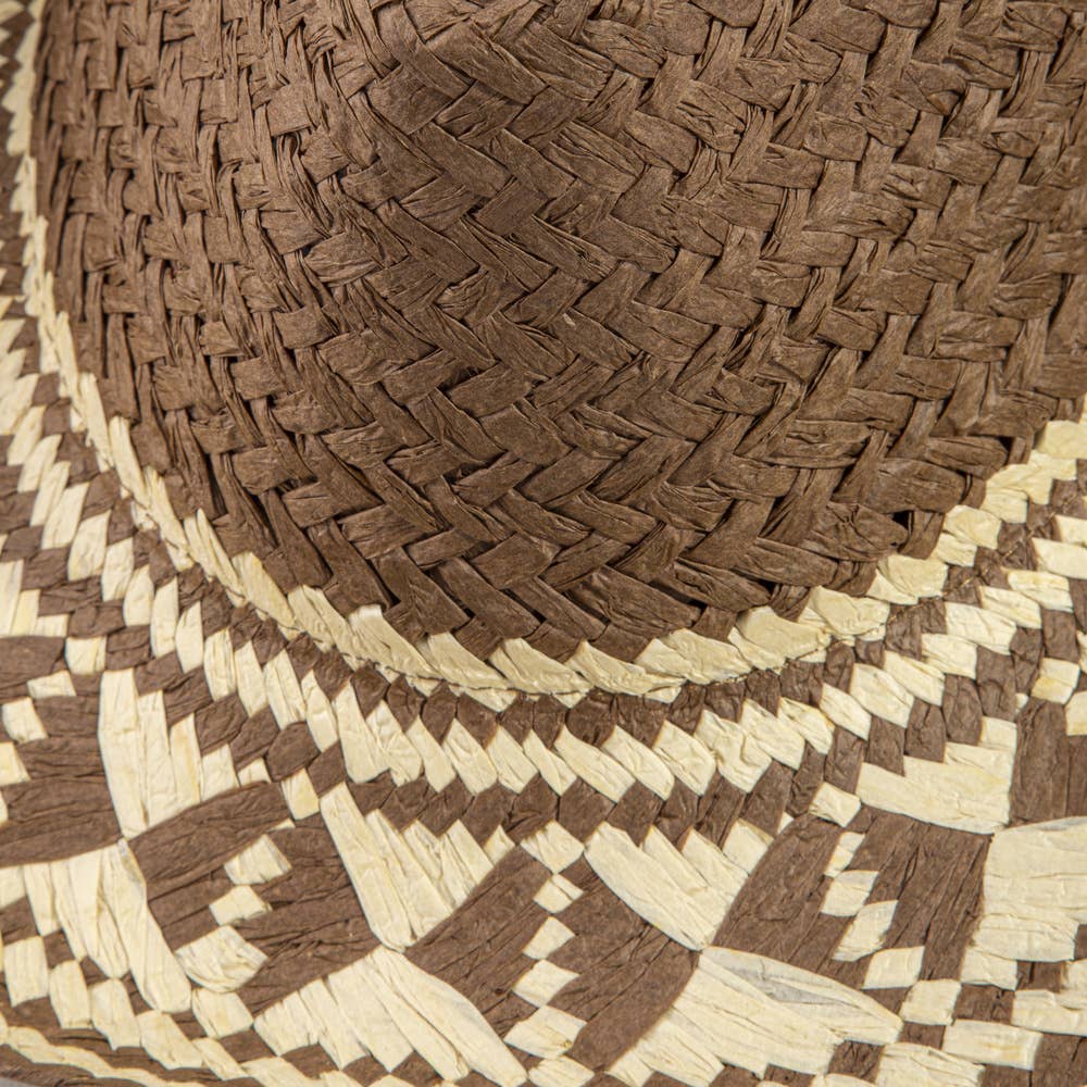 Aztec Patterned Brim Two Tone Straw Cowboy Hat: BR
