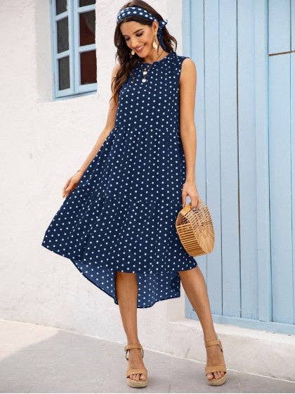 POLKA DOT RUFFLE HEM MIDI DRESS: Blue / S