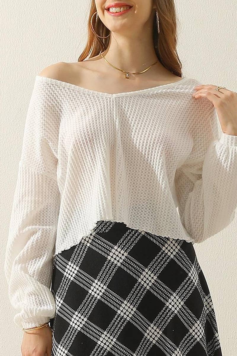 CWTTL1469_V-Neck Long Sleeve Knit Top: Black / (XL) 1
