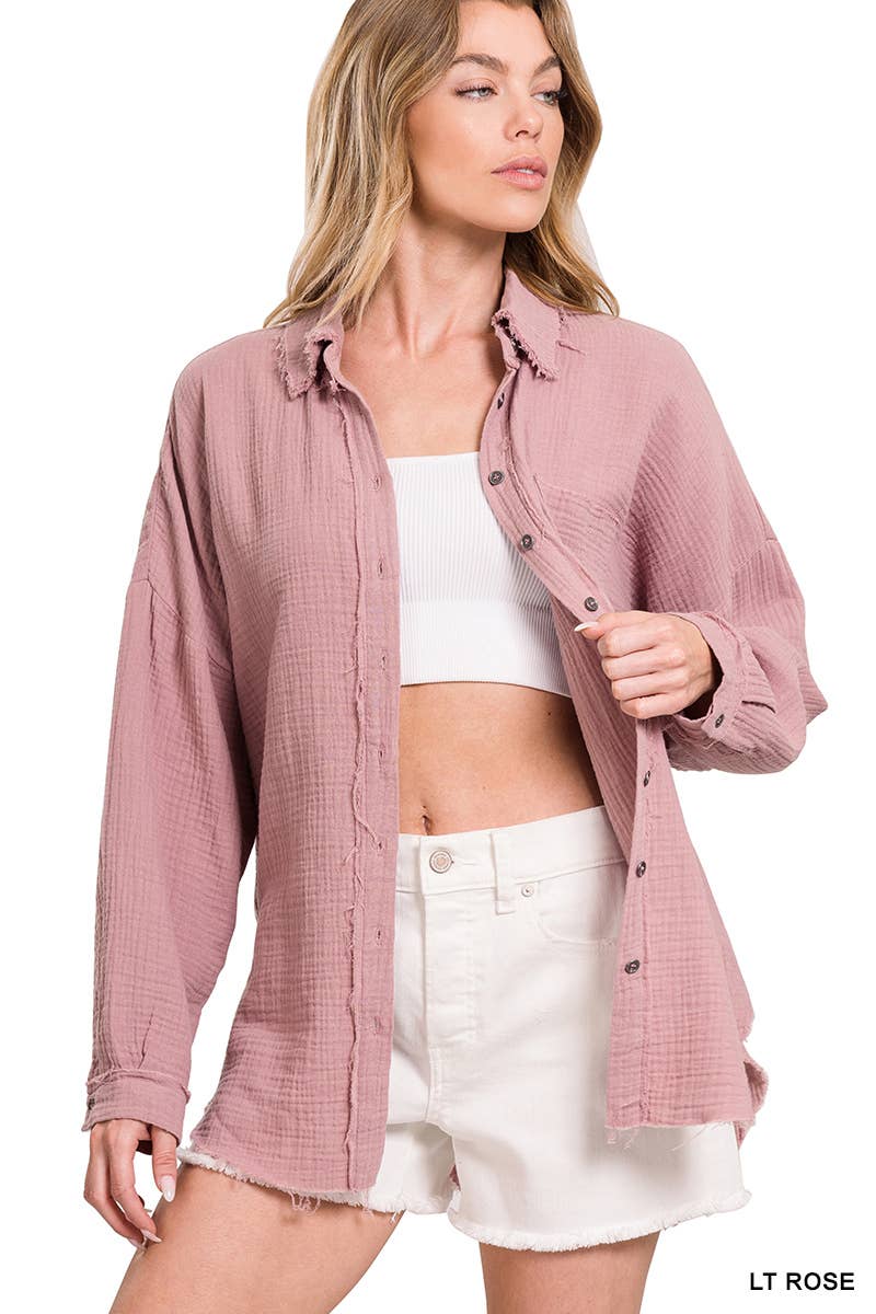 `Oversized Raw Edge Shirt W/ Back Patch Zenana: IVORY-147600 / L
