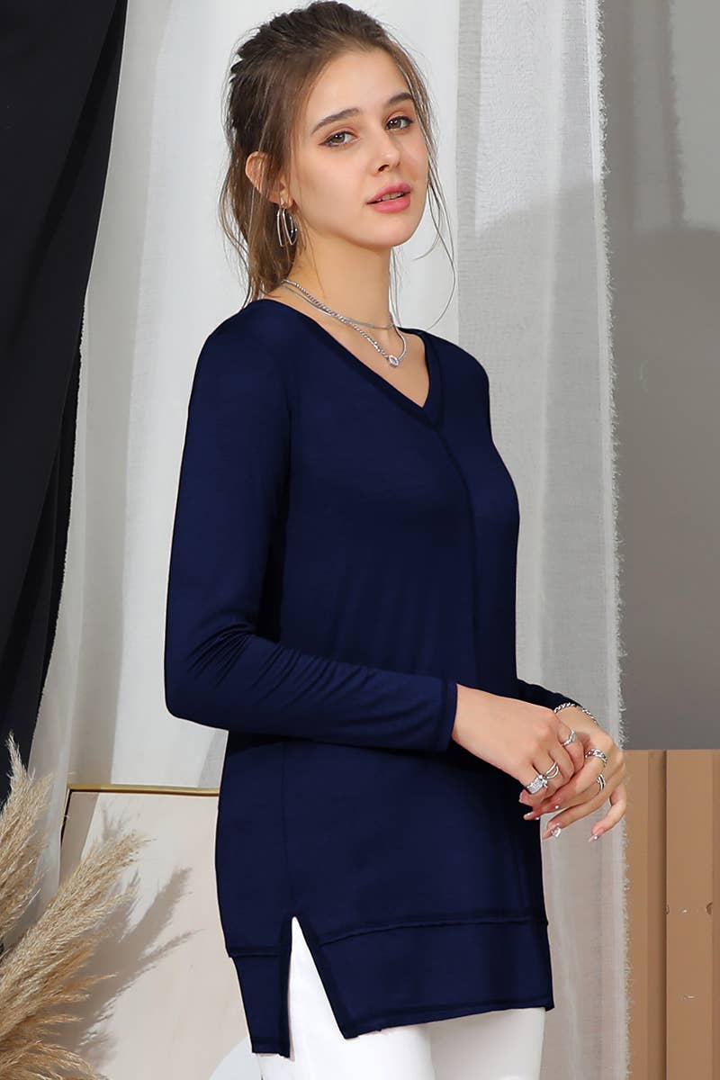 CWTTL1473_Casual V-Neck Loose Fit Long Sleeve Tops: NAVY / (M) 1