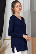 CWTTL1473_Casual V-Neck Loose Fit Long Sleeve Tops: NAVY / (S) 1