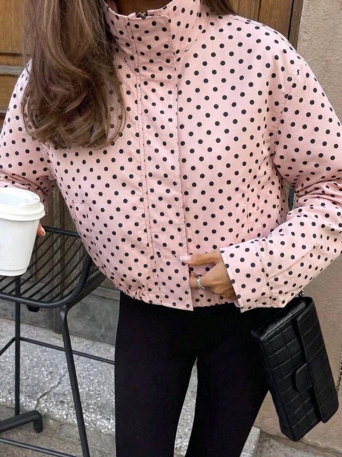 Polka Dot Woven Jacket Trendy Zip Up Stand Collar: White / 100%Polyester / S