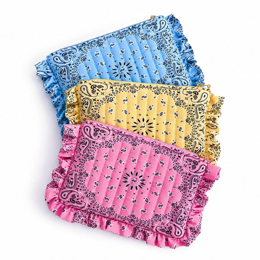 Ellison+Young Bandana Ruffle Everything Pouch, Quilted Cosmetic Case: Butter Yellow