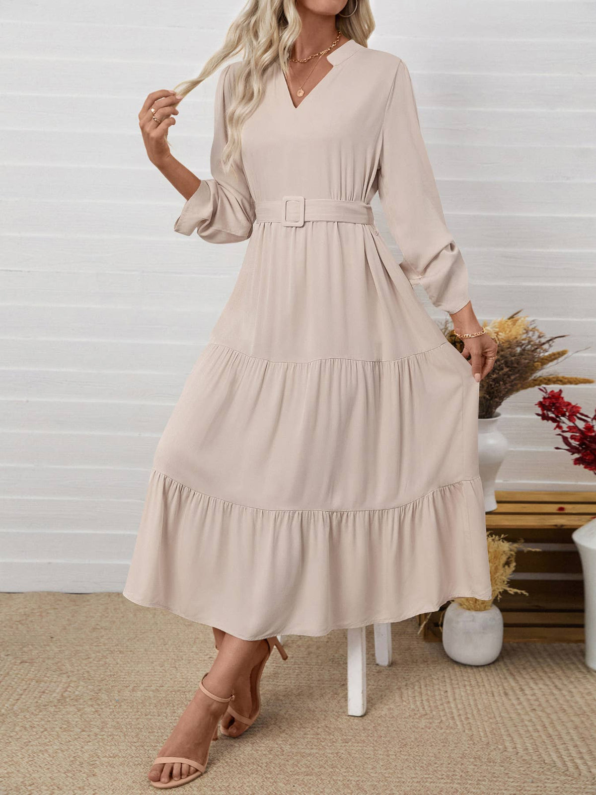 Casual,simple elegant stand-up collar long dress: APRICOT / (XL) 1