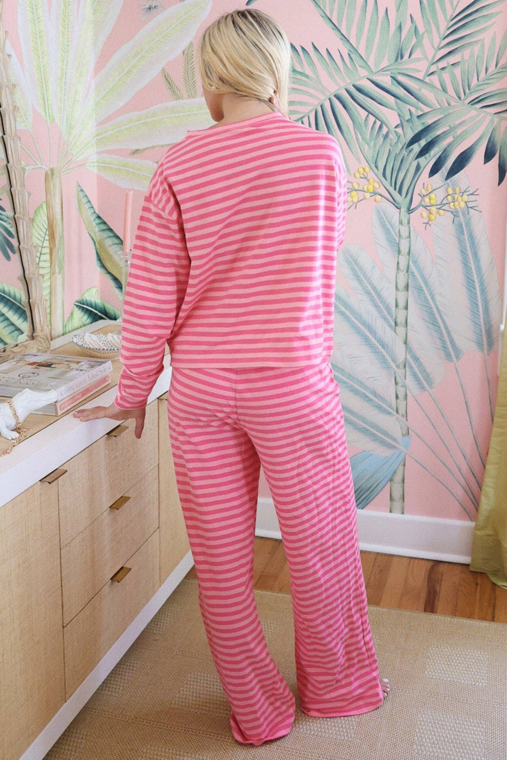 Pink Stripe Drop Shoulder Round Neck Top and Buttoned Straight Pants Two Piece Set: Rose Stripe / 95%Cotton+5%Elastane / S