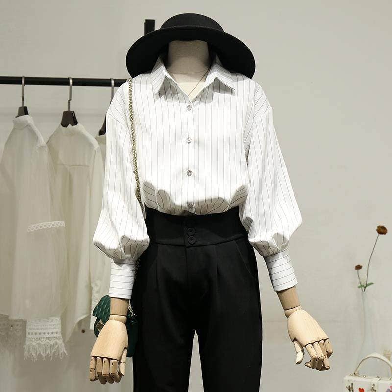 Autumn New Women's Striped Shirt Retro Vintage Office Wear: BLUE / S