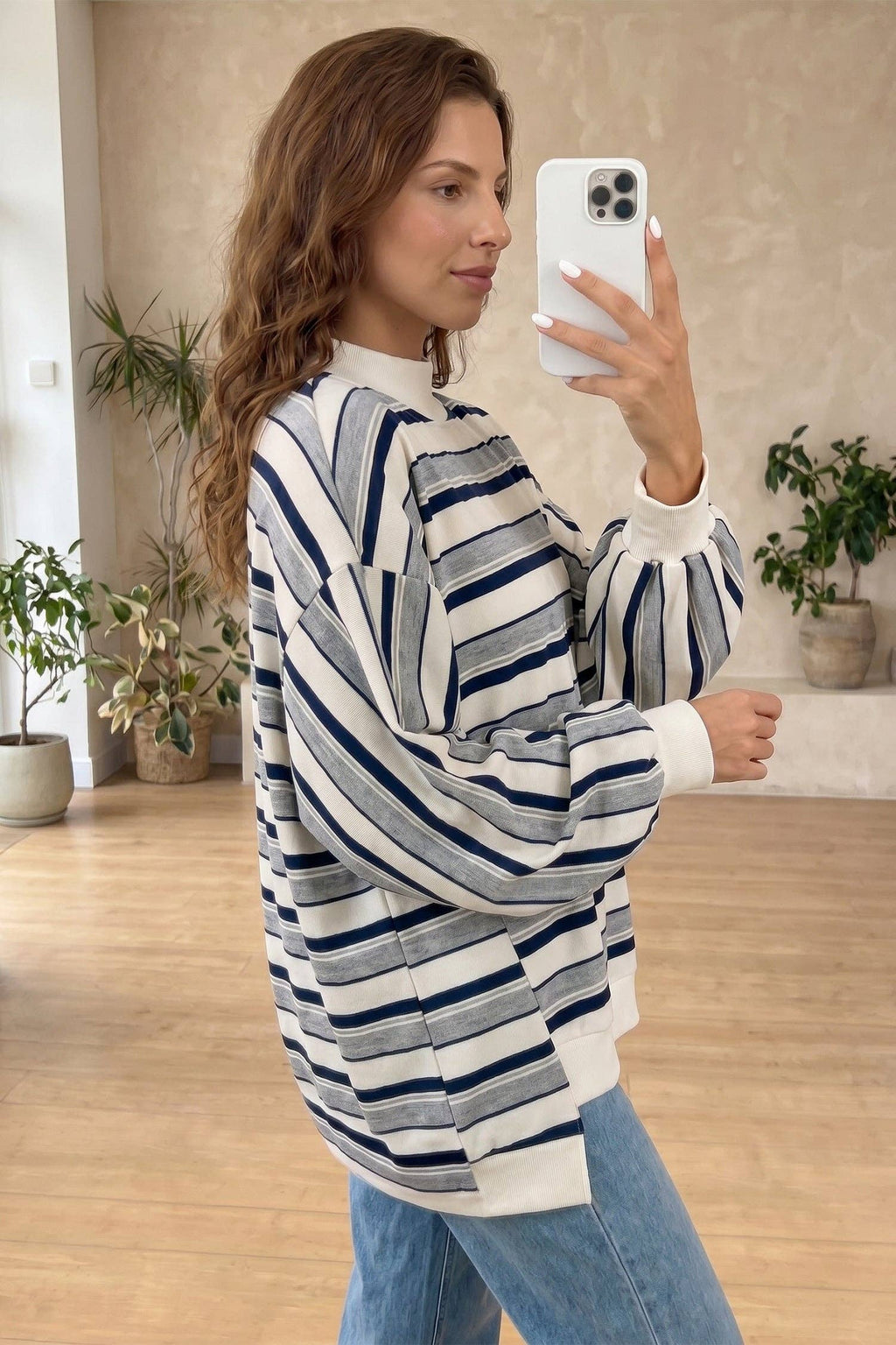 Blue Stripe Striped Ribbed Stand Neck Long Sleeve Shift Silhouette Sweatshirt: Blue Stripe / 95%Polyester+5%Elastane / S