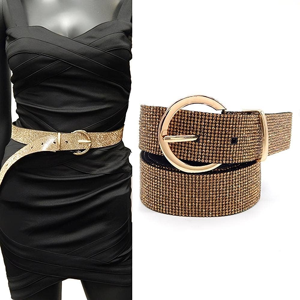 Rhinestone Patch Round Buckle Fashion Belt: Black