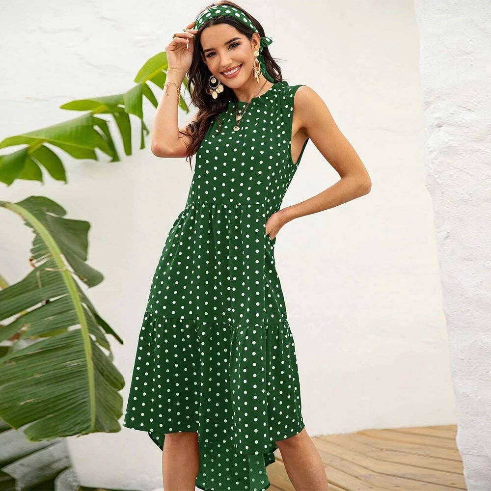 POLKA DOT RUFFLE HEM MIDI DRESS: Blue / S