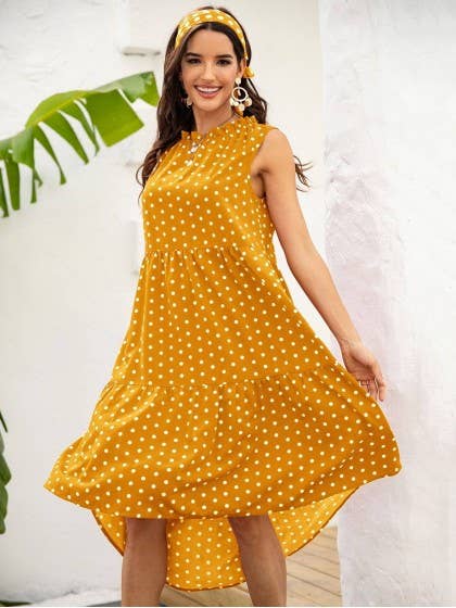 POLKA DOT RUFFLE HEM MIDI DRESS: Blue / S