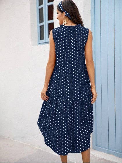 POLKA DOT RUFFLE HEM MIDI DRESS: Blue / S
