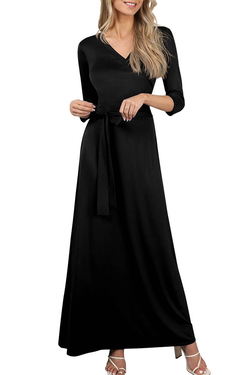 AWDMD283_3/4 Sleeve Knit Long Dress: Black / (XL) 1