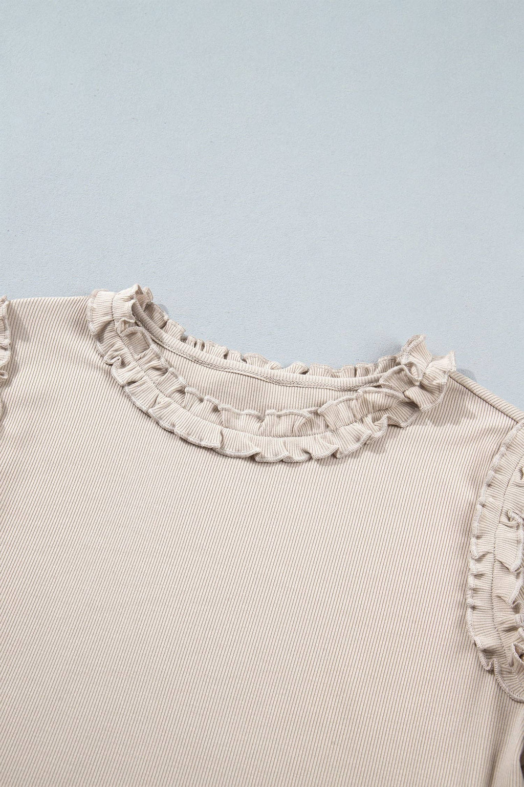 Beige Solid Color Round Neck Frill Detail Long Sleeve Top: Beige / XL
