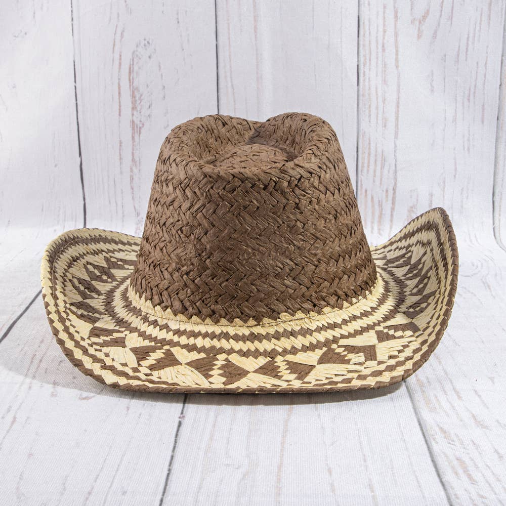 Aztec Patterned Brim Two Tone Straw Cowboy Hat: BR