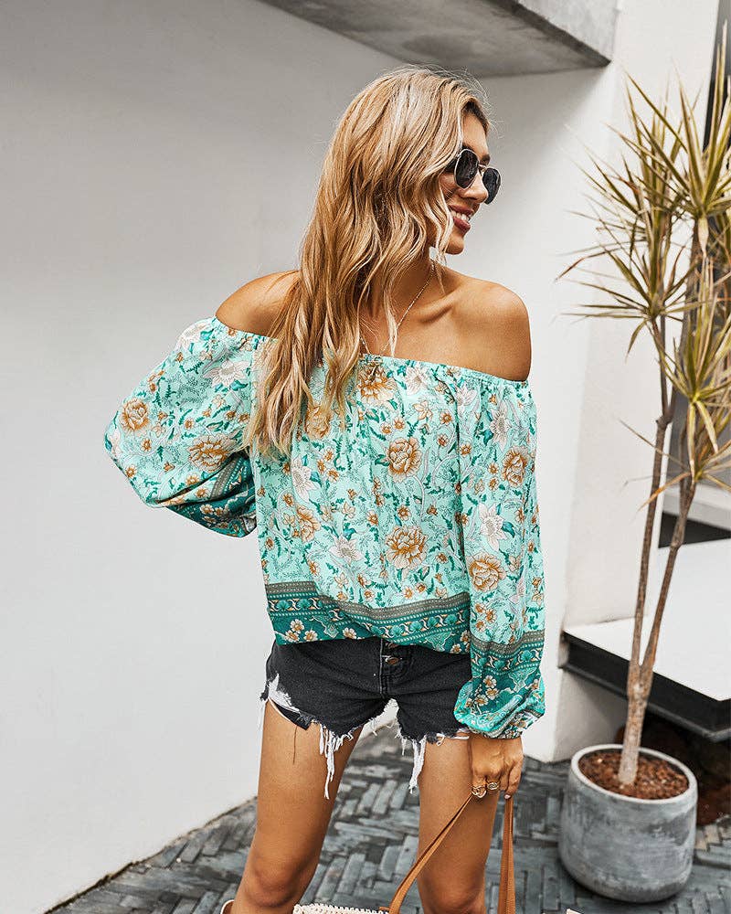 FLORAL LONG SLEEVE BLOUSE: Turquoise / S